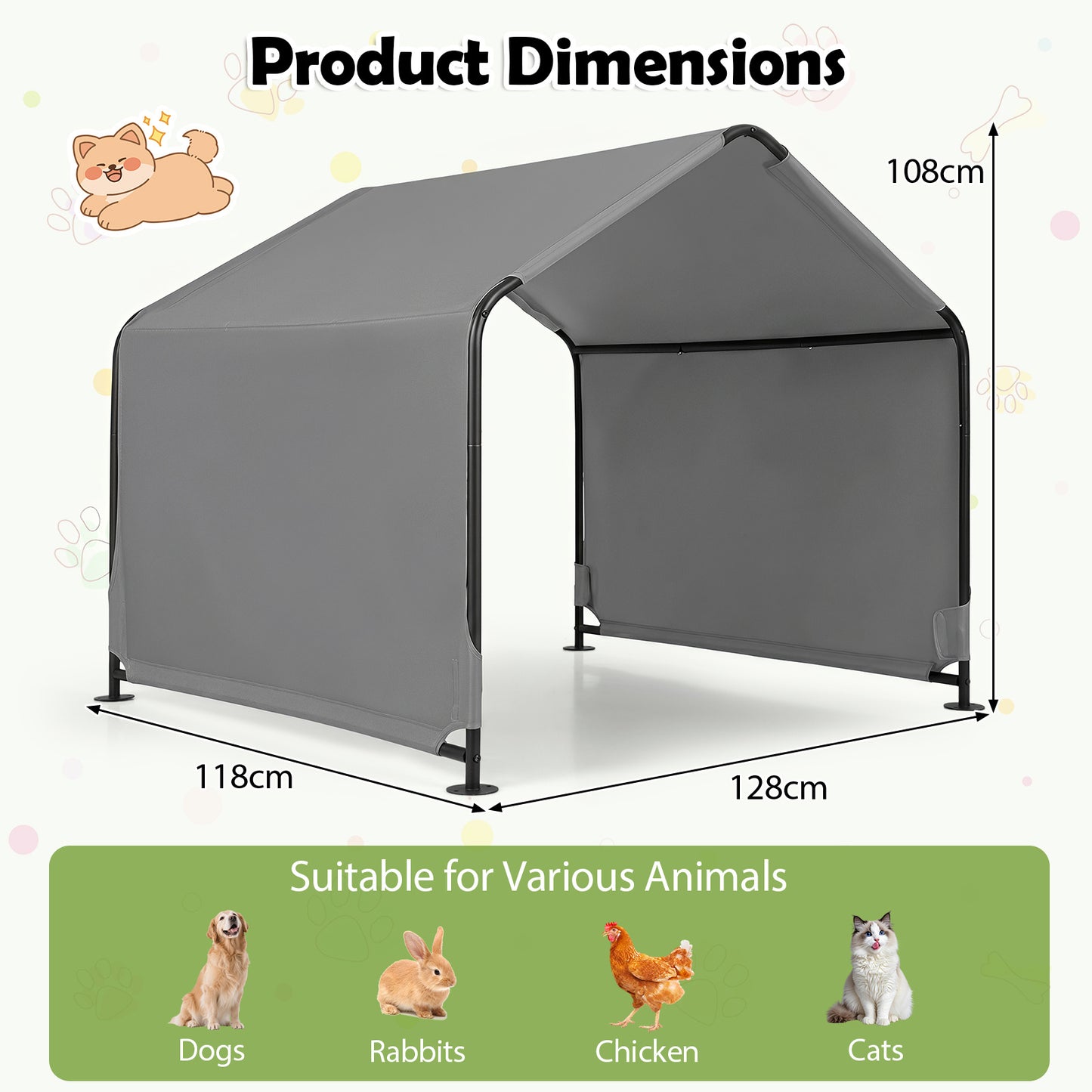 Outdoor Dog Shade Shelter for Large Medium Small Breeds Dog Tent Canopy-Grey