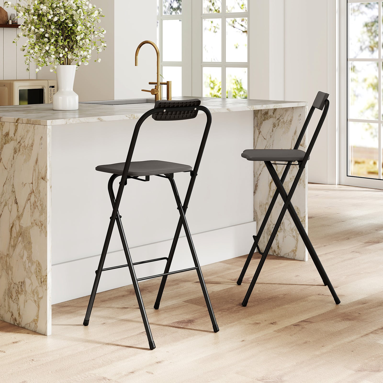Outdoor Folding Barstools Set of 2 with Backrest and Footrest-Grey