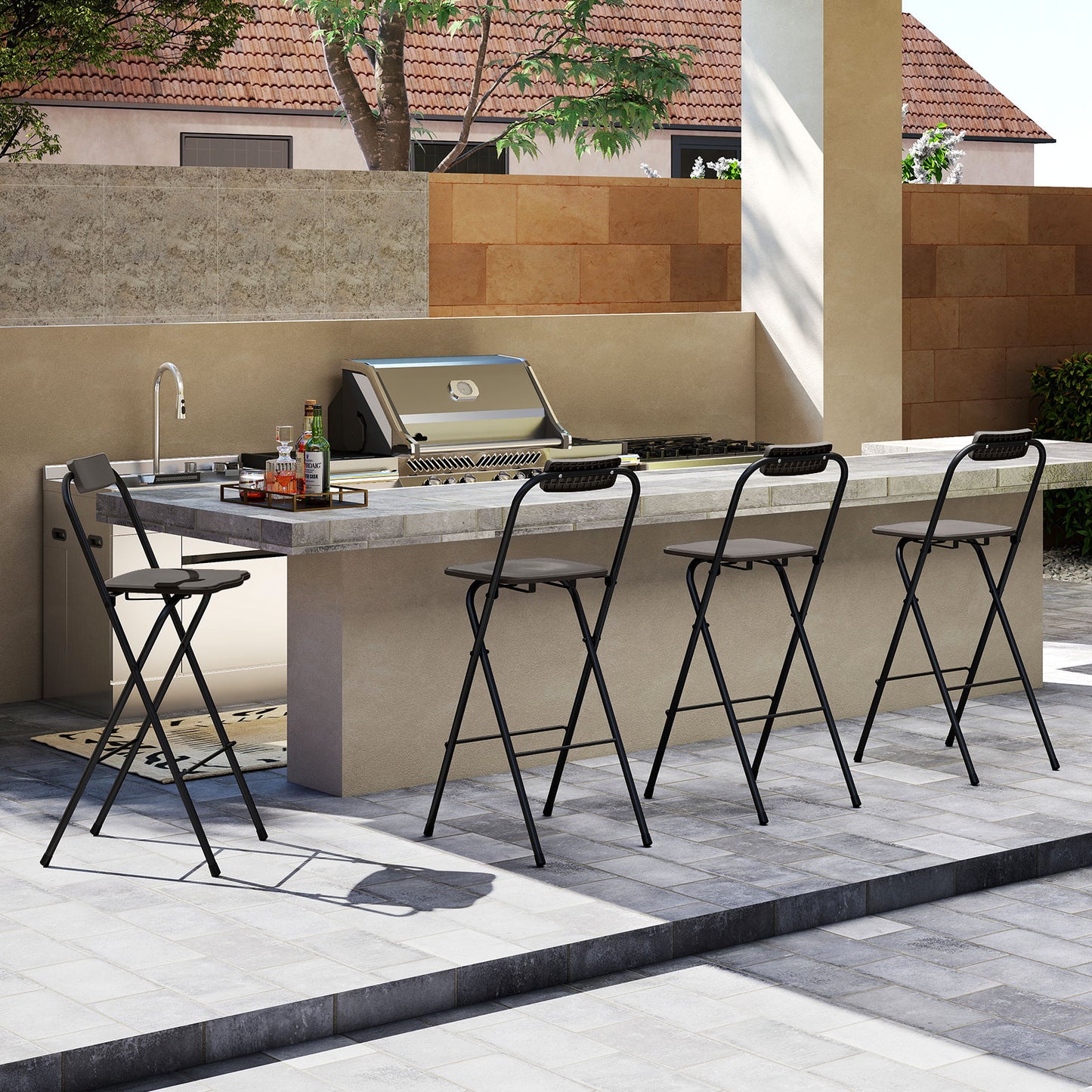Outdoor Folding Barstools Set of 2 with Backrest and Footrest-Grey