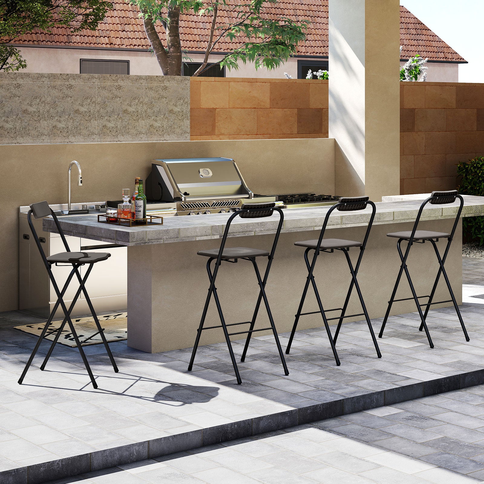 Outdoor Folding Barstools Set of 2 with Backrest and Footrest-Grey