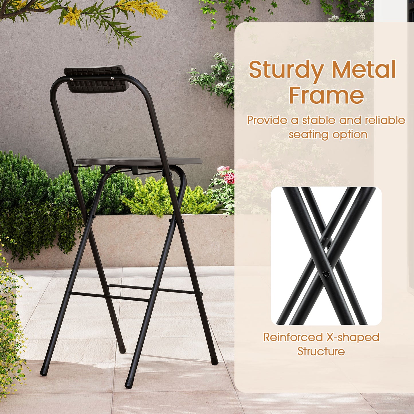 Outdoor Folding Barstools Set of 2 with Backrest and Footrest-Grey