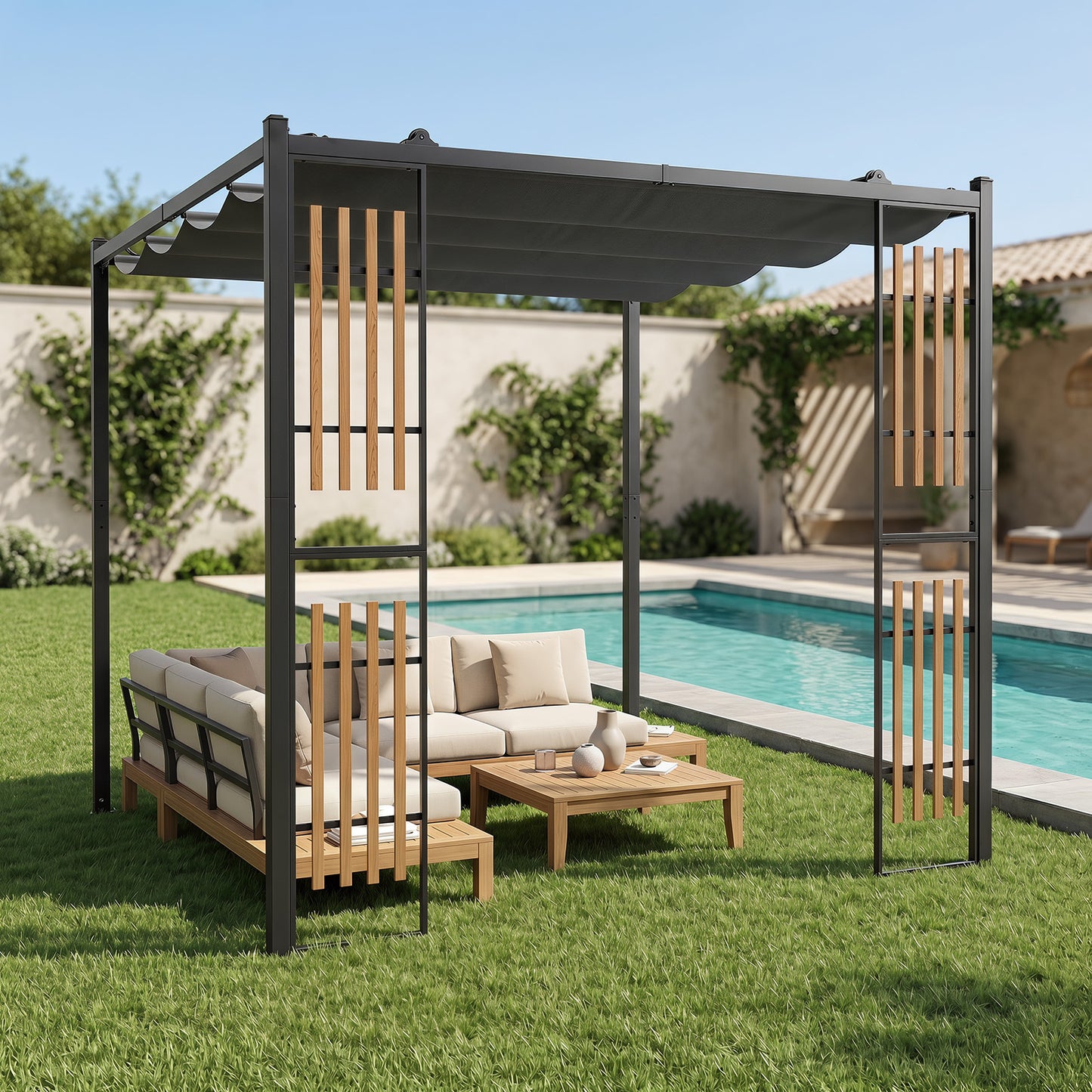 Outdoor Garden Pergola with 2 Slatted Screens for Courtyard-Grey