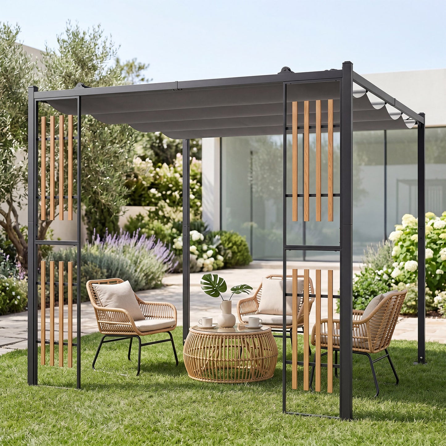 Outdoor Garden Pergola with 2 Slatted Screens for Courtyard-Grey