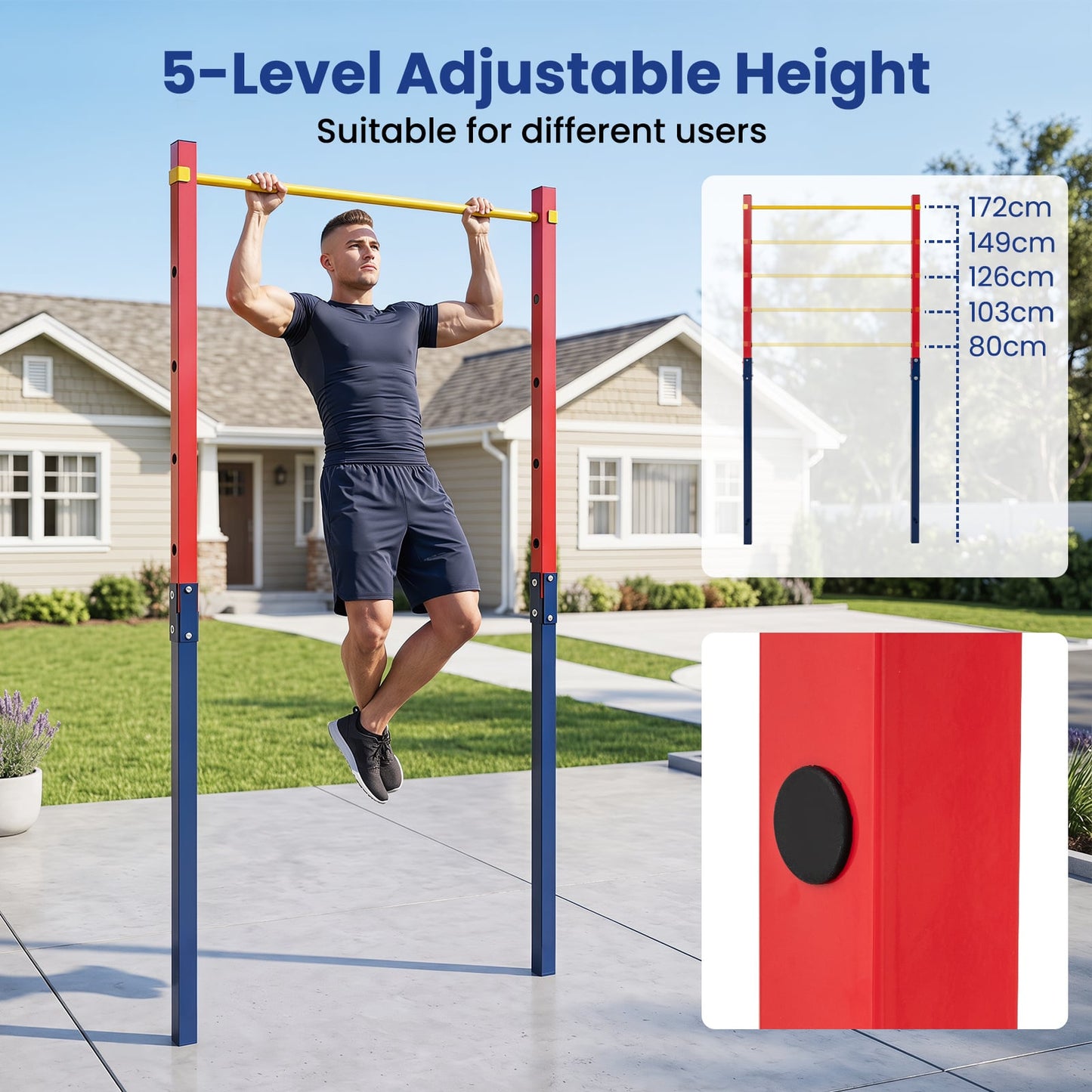 Outdoor In-Ground Pull Up Bar Heavy Duty Metal Pull Up Bar Station with 5 Adjustable Heights-Red