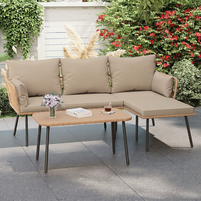 Outdoor L Shape Sofa Set with Coffee Table and Removable Cushions for Porch-Brown