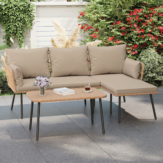 Outdoor L Shape Sofa Set with Coffee Table and Removable Cushions for Porch-Brown