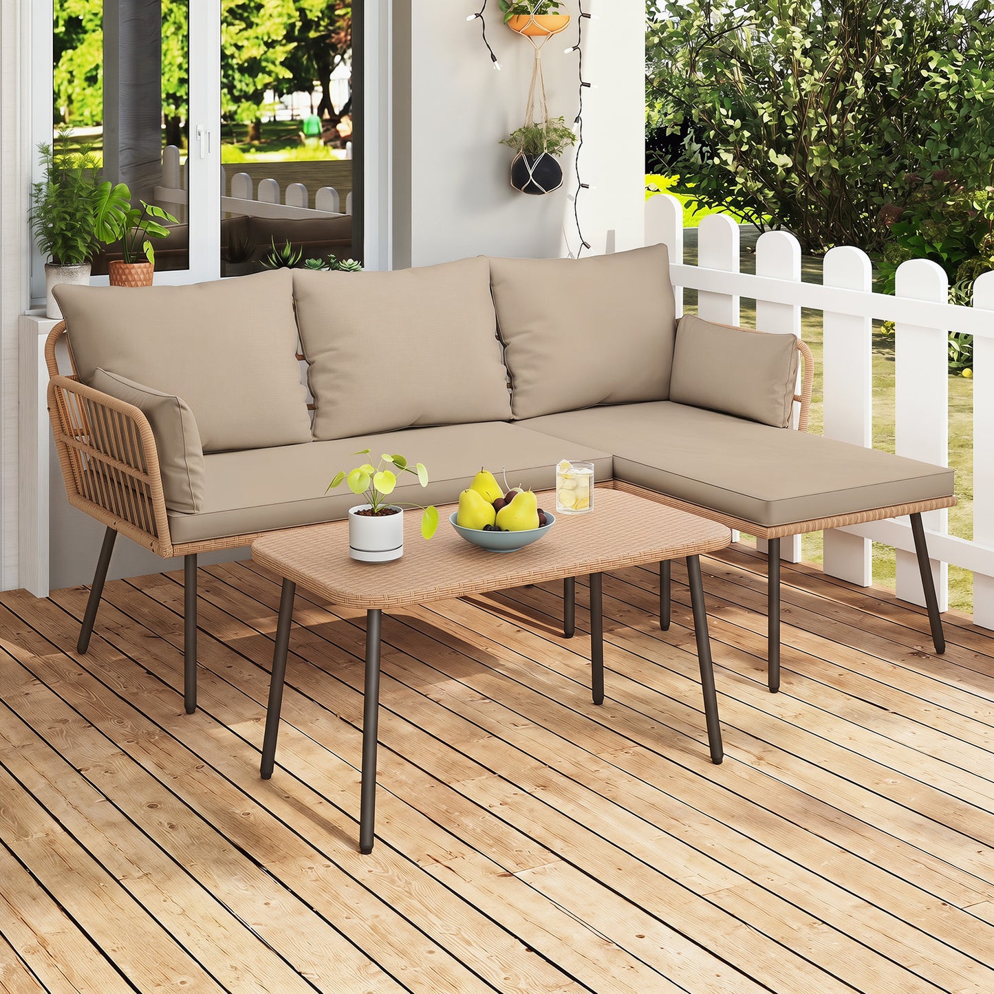 Outdoor L Shape Sofa Set with Coffee Table and Removable Cushions for Porch-Brown