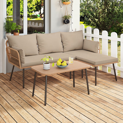 Outdoor L Shape Sofa Set with Coffee Table and Removable Cushions for Porch-Brown