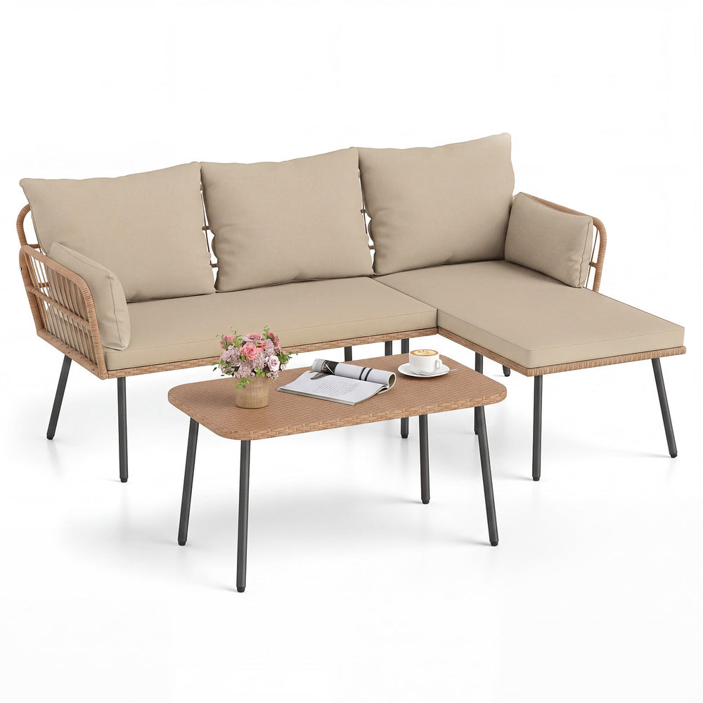 Outdoor L Shape Sofa Set with Coffee Table and Removable Cushions for Porch-Brown