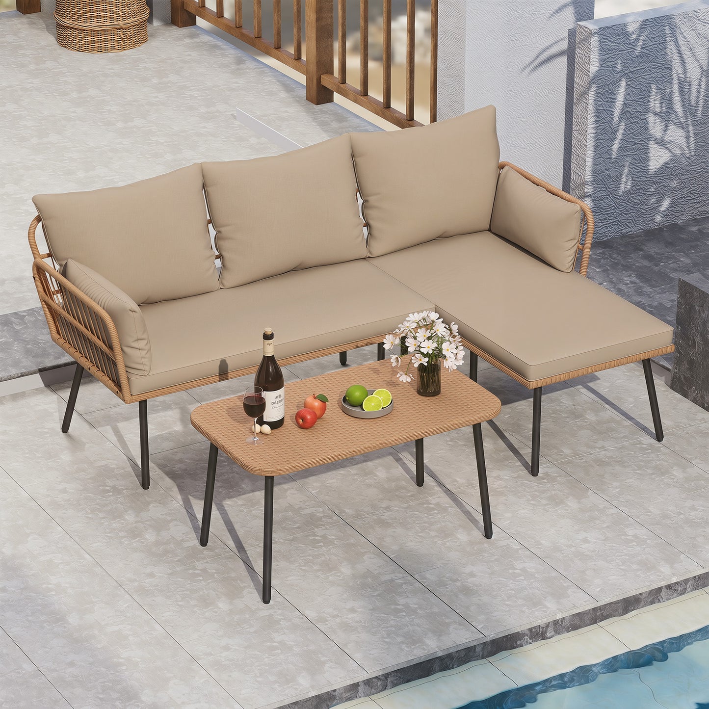 Outdoor L Shape Sofa Set with Coffee Table and Removable Cushions for Porch-Brown