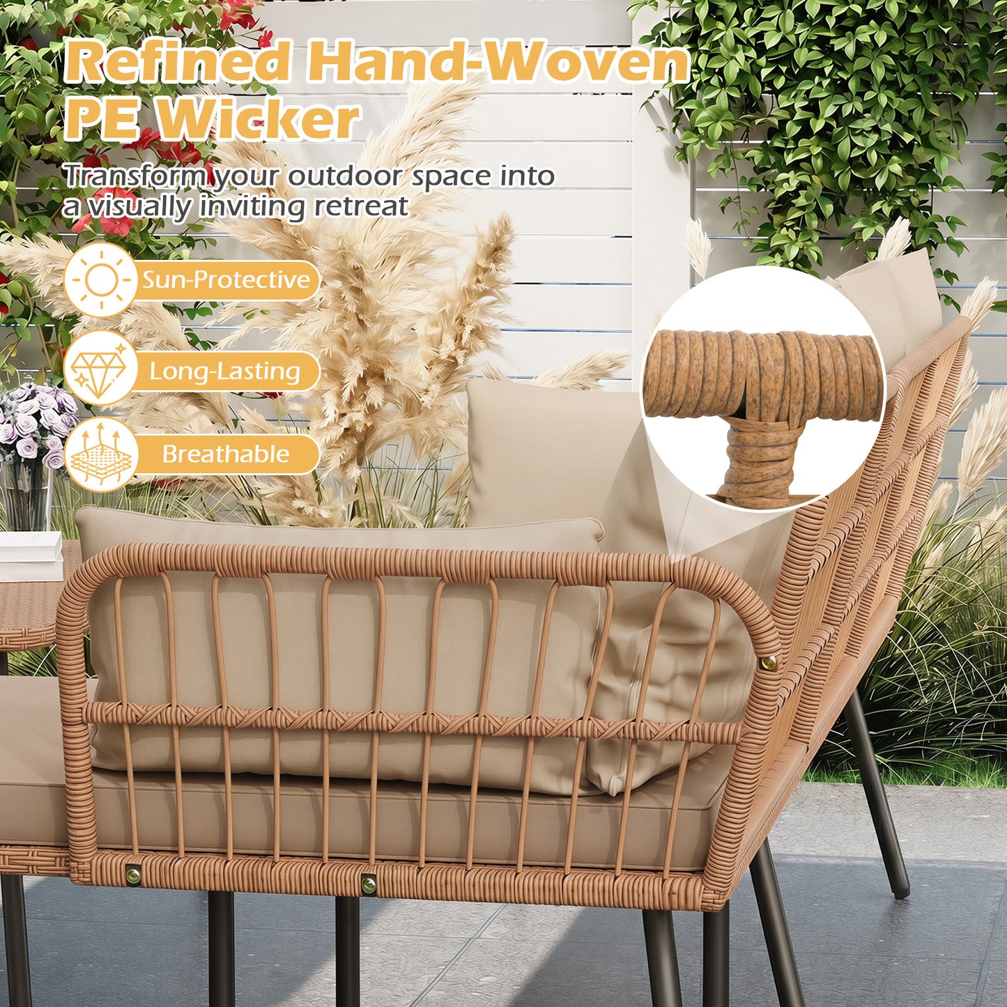 Outdoor L Shape Sofa Set with Coffee Table and Removable Cushions for Porch-Brown
