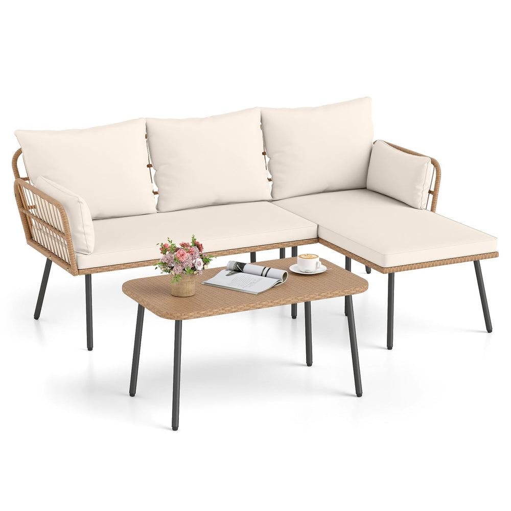 Outdoor L Shape Sofa Set with Coffee Table and Removable Cushions for Porch-White