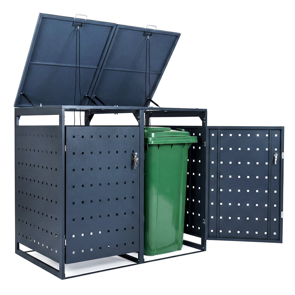 Outdoor Metal Garbage Bin Storage Shed for 2 Trash Cans Double Trash Can Enclosure-Grey