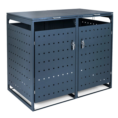 Outdoor Metal Garbage Bin Storage Shed for 2 Trash Cans Double Trash Can Enclosure-Grey