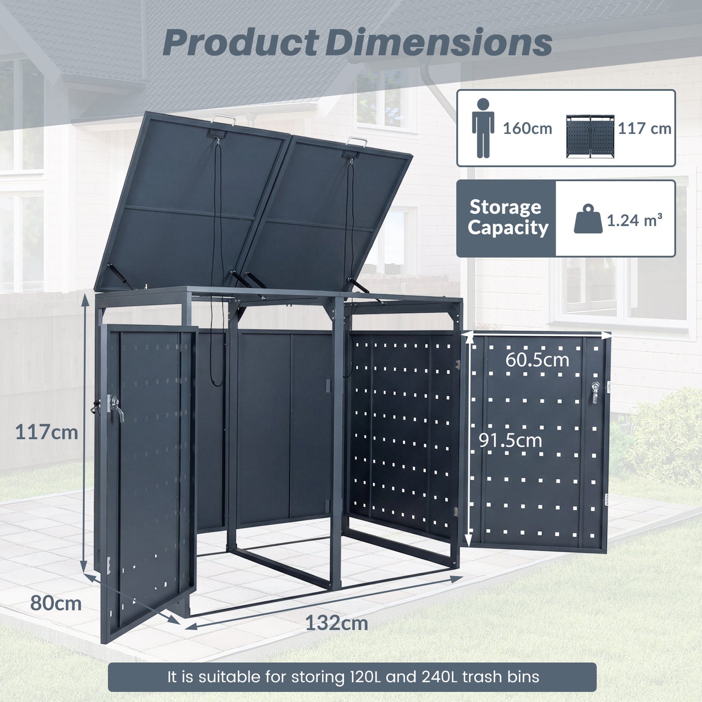 Outdoor Metal Garbage Bin Storage Shed for 2 Trash Cans Double Trash Can Enclosure-Grey