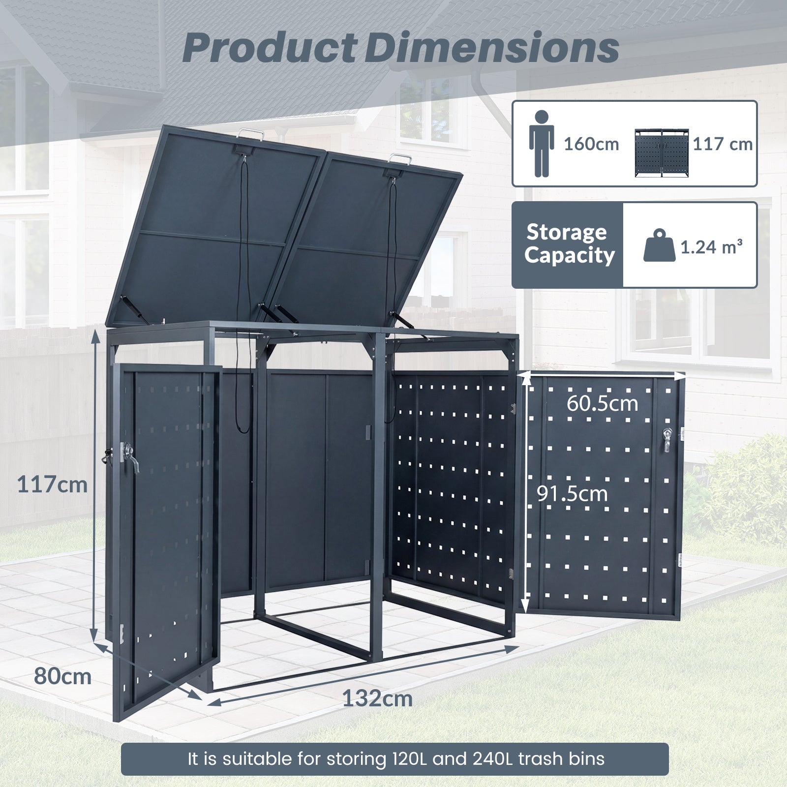 Outdoor Metal Garbage Bin Storage Shed for 2 Trash Cans Double Trash Can Enclosure-Grey