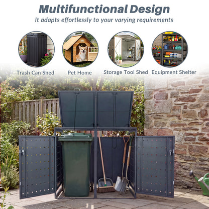 Outdoor Metal Garbage Bin Storage Shed for 2 Trash Cans Double Trash Can Enclosure-Grey