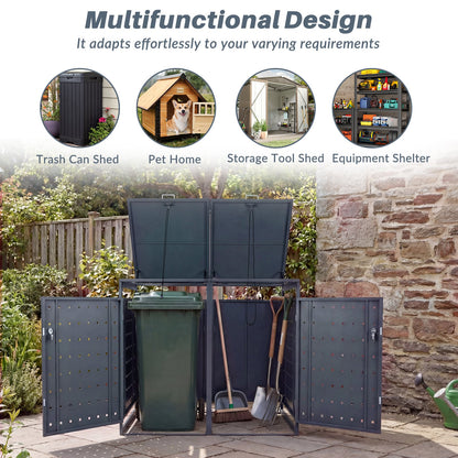 Outdoor Metal Garbage Bin Storage Shed for 2 Trash Cans Double Trash Can Enclosure-Grey