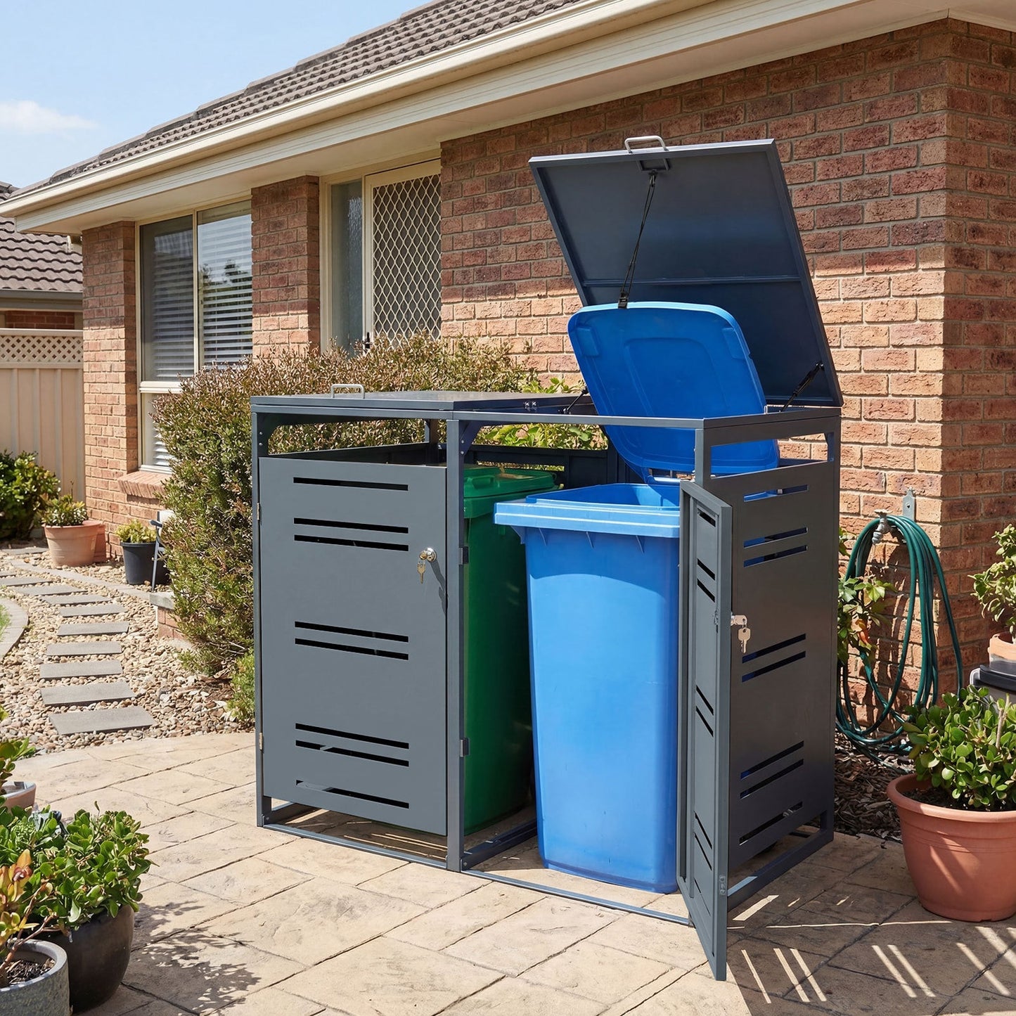 Outdoor Metal Garbage Bin Storage Shed for 2 Trash Cans-Grey