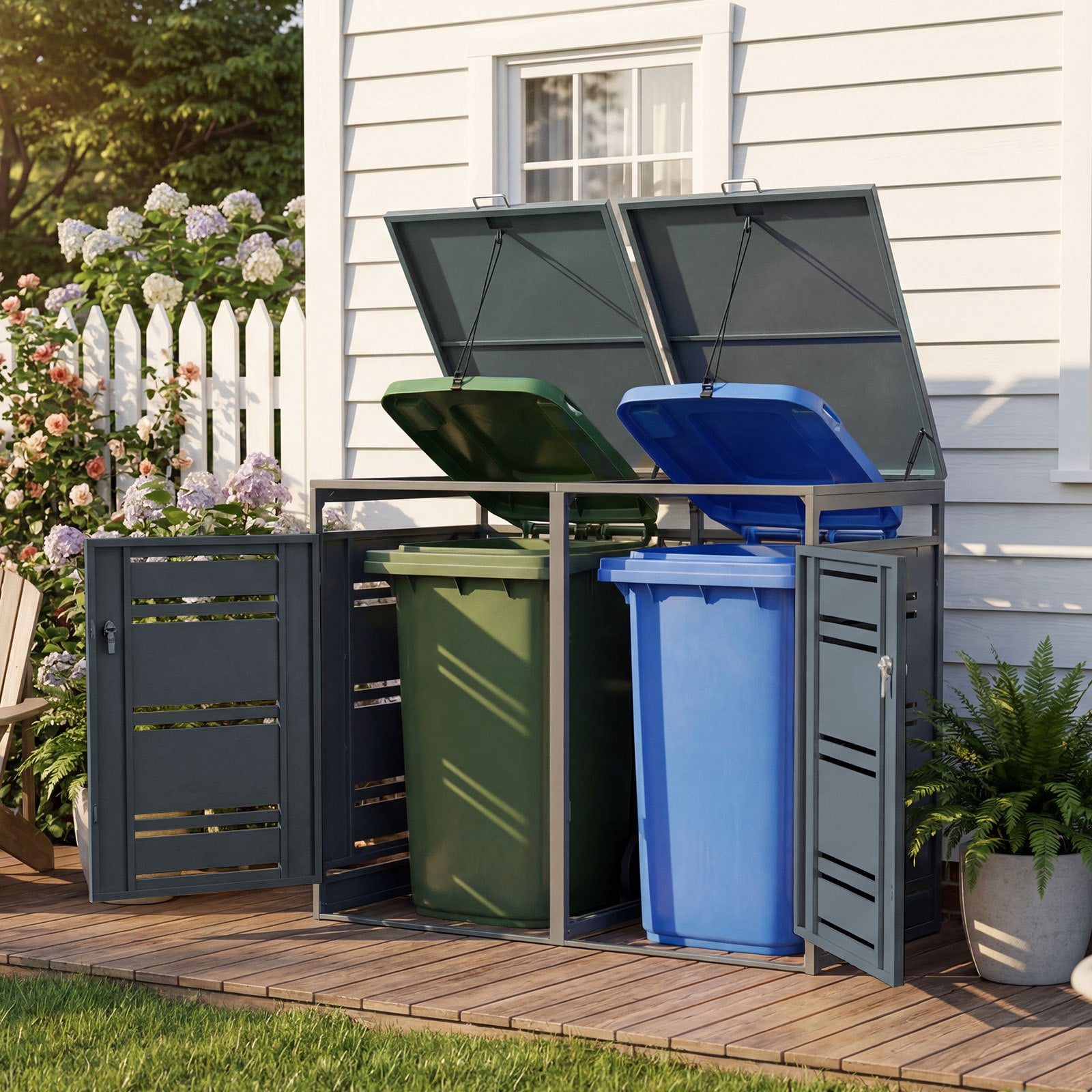 Outdoor Metal Garbage Bin Storage Shed for 2 Trash Cans-Grey