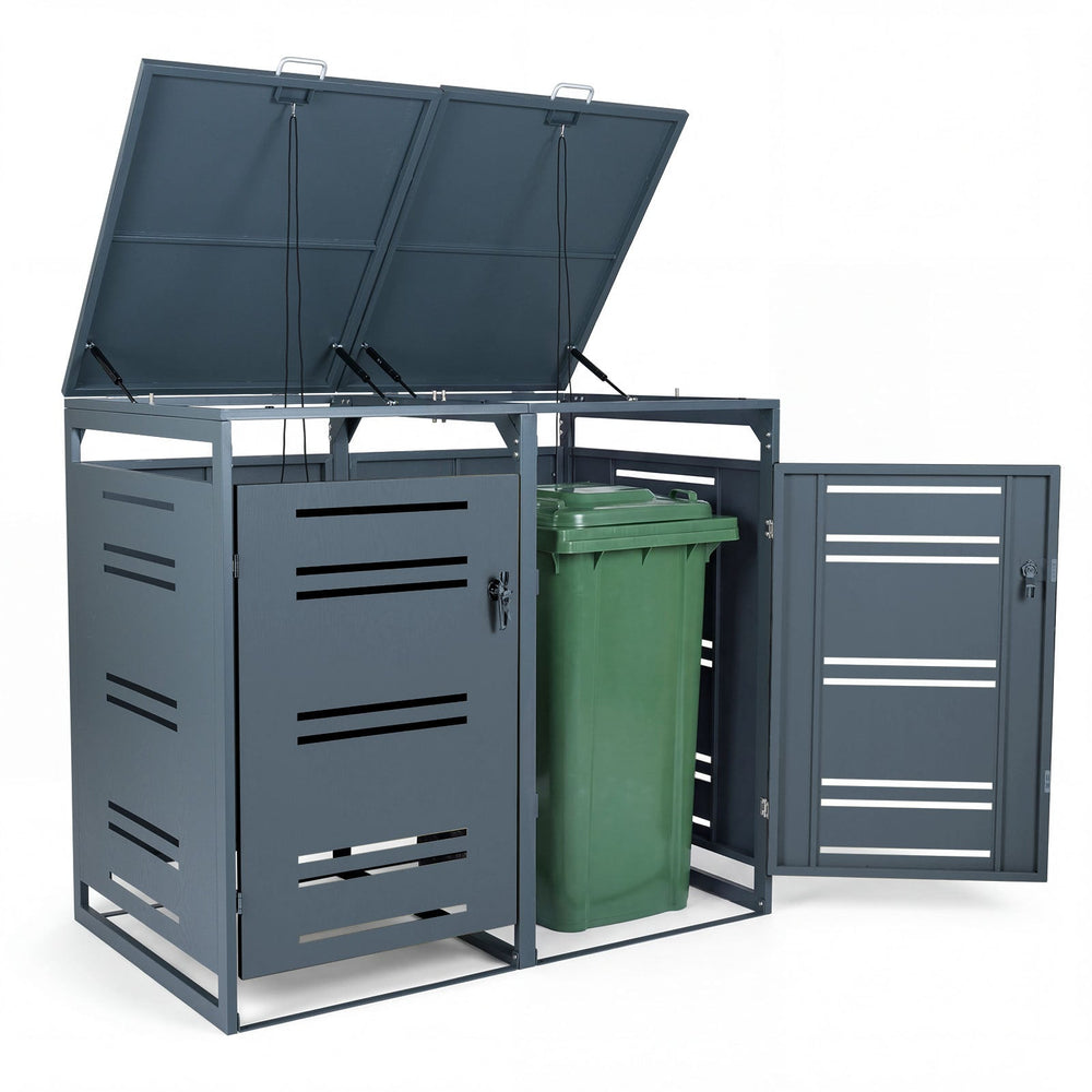 Outdoor Metal Garbage Bin Storage Shed for 2 Trash Cans-Grey
