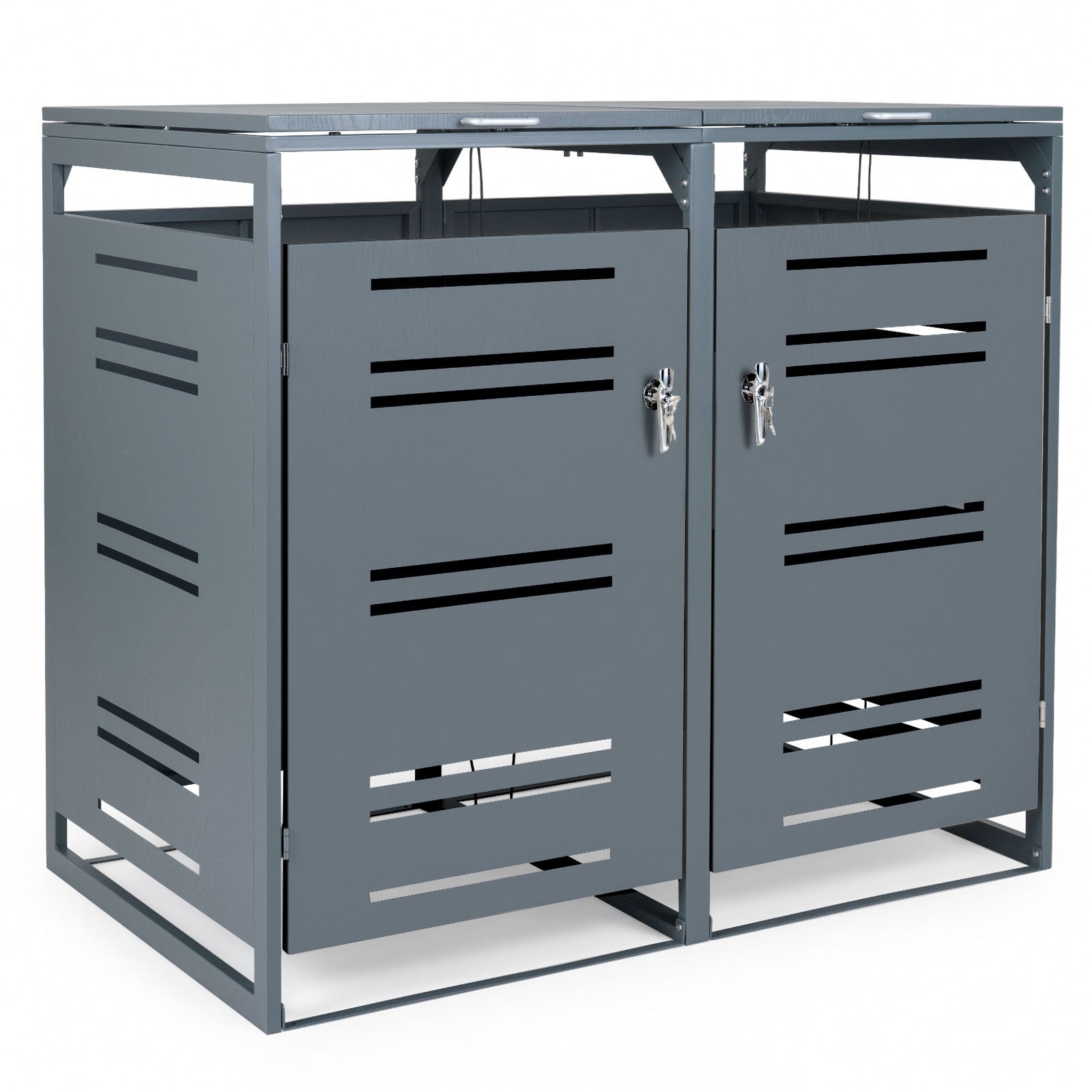 Outdoor Metal Garbage Bin Storage Shed for 2 Trash Cans-Grey