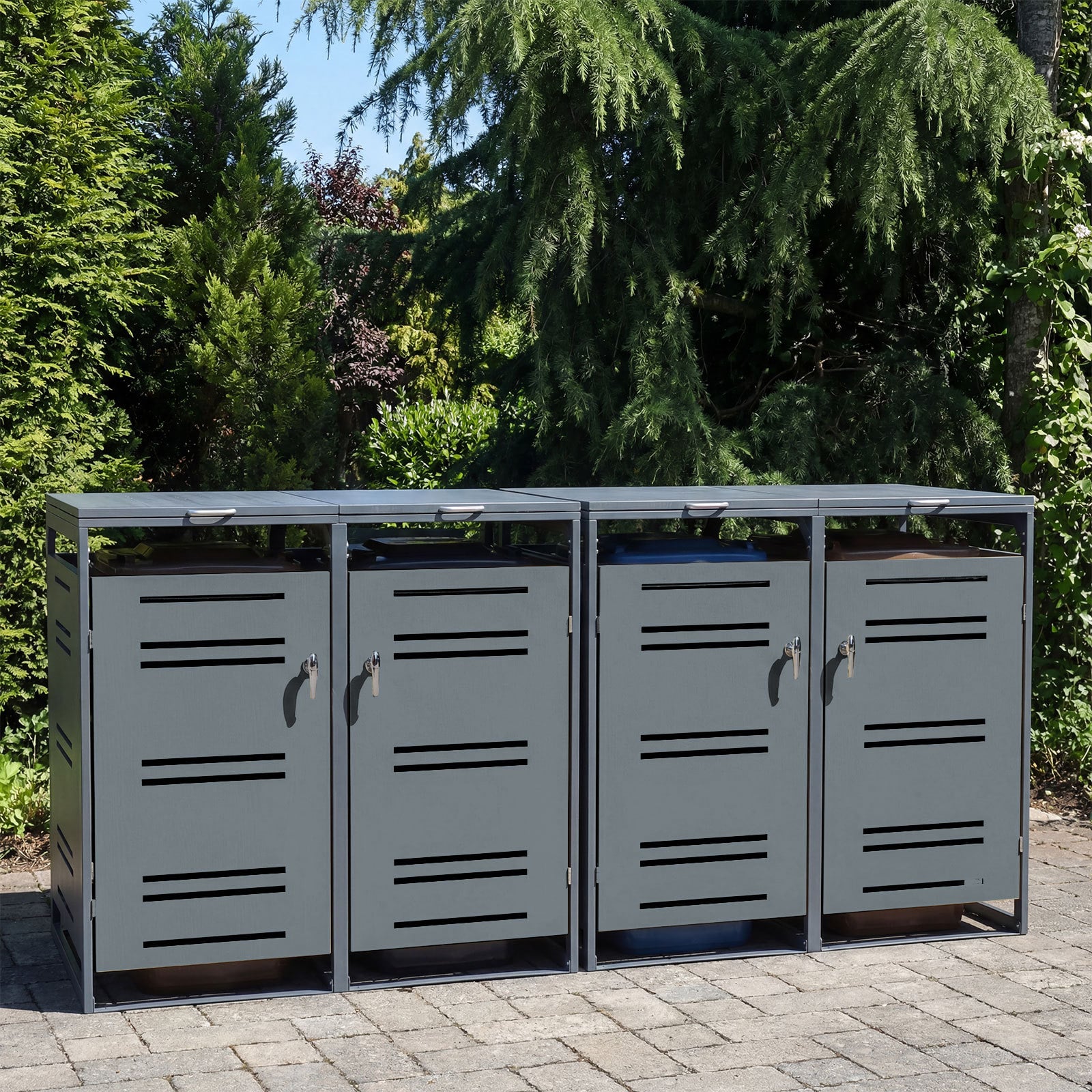 Outdoor Metal Garbage Bin Storage Shed for 2 Trash Cans-Grey
