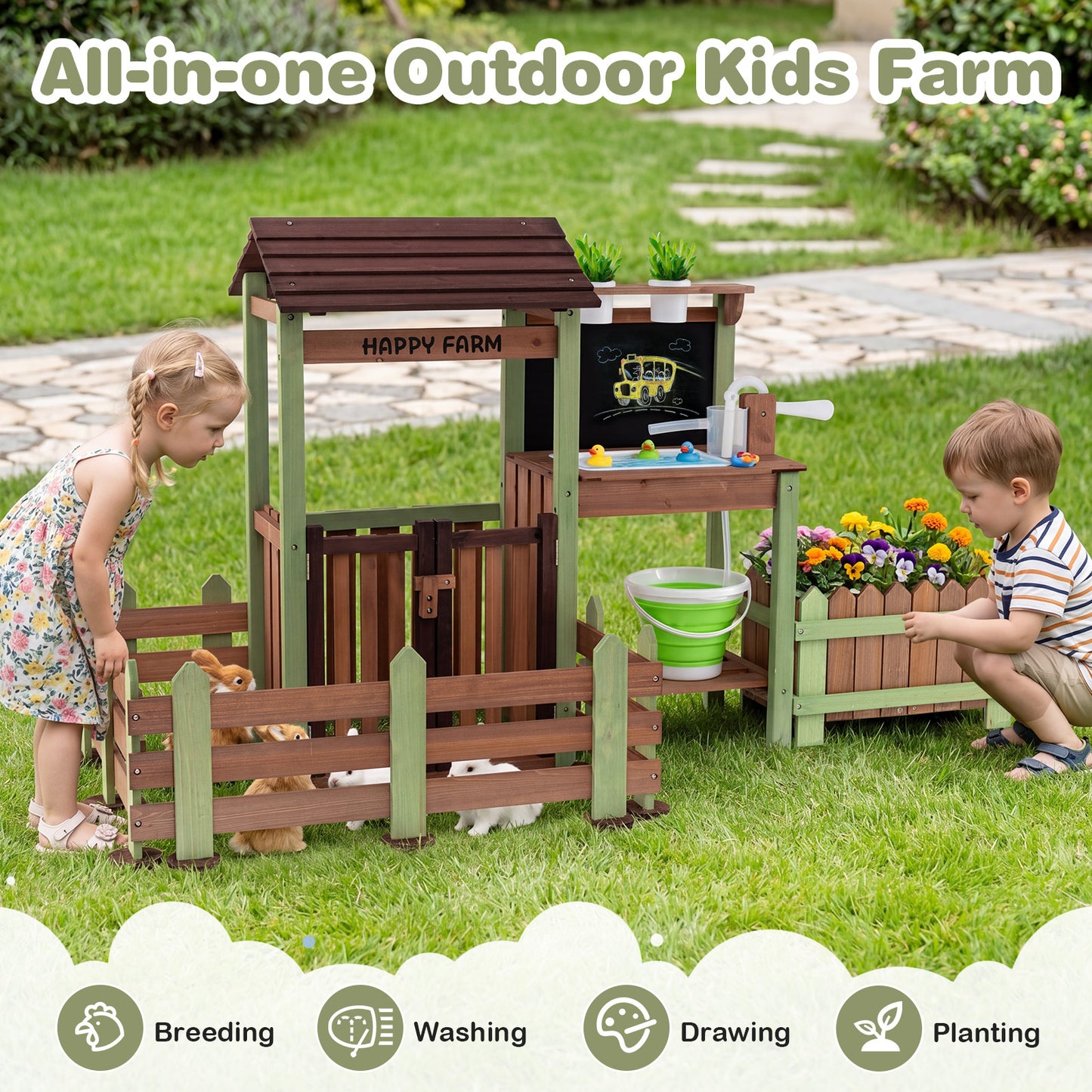 Outdoor Mud Farm Playset for Kids with Raised Planter Box and Real-Work Faucet