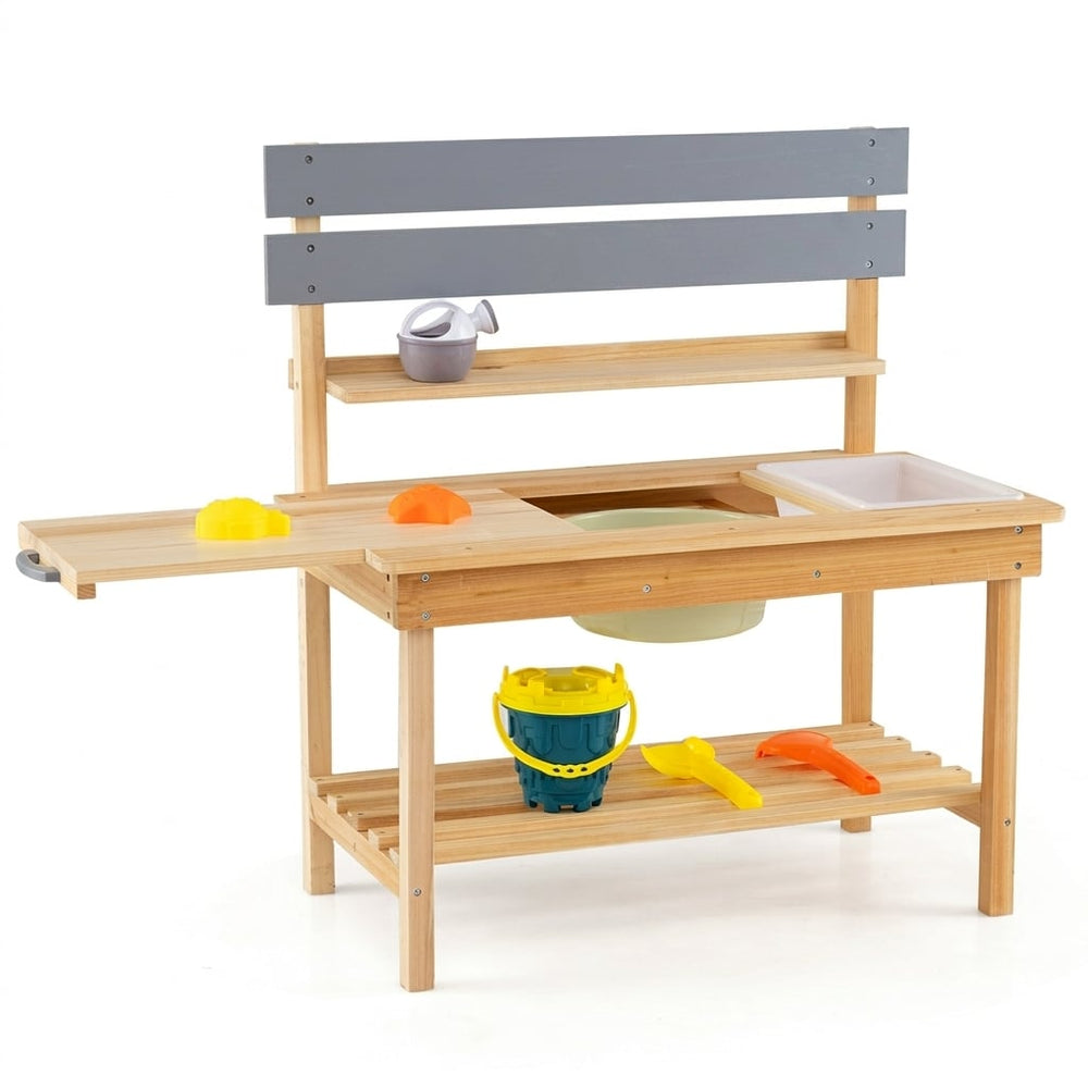 Outdoor Mud Kitchen with Extended Tabletop Sink Faucet and Storage Shelves for Kids-Natural