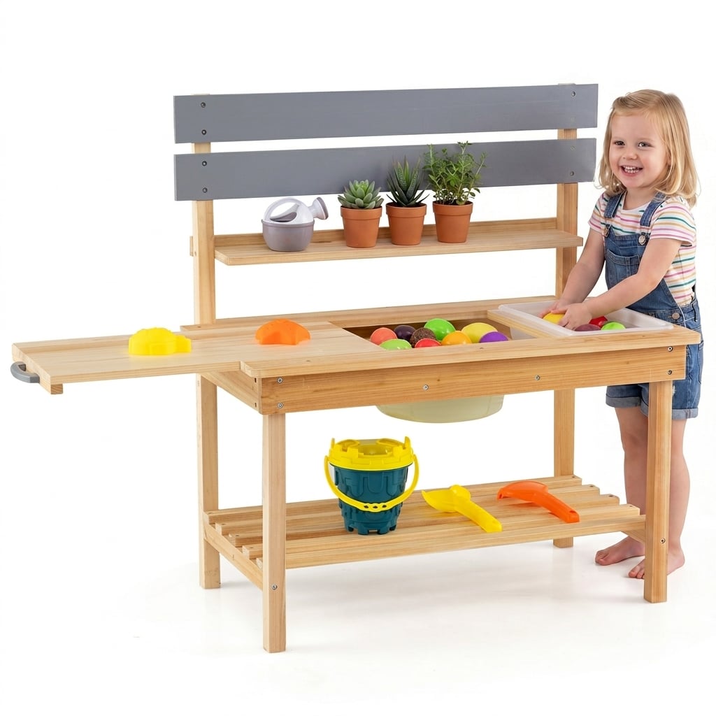 Outdoor Mud Kitchen with Extended Tabletop Sink Faucet and Storage Shelves for Kids-Natural