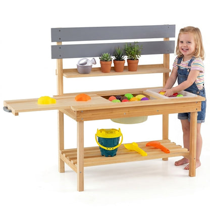 Outdoor Mud Kitchen with Extended Tabletop Sink Faucet and Storage Shelves for Kids-Natural