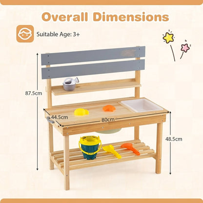 Outdoor Mud Kitchen with Extended Tabletop Sink Faucet and Storage Shelves for Kids-Natural