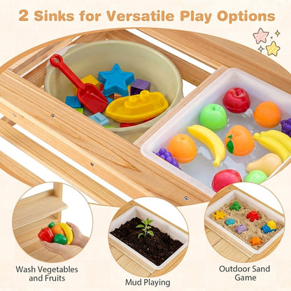 Outdoor Mud Kitchen with Extended Tabletop Sink Faucet and Storage Shelves for Kids-Natural