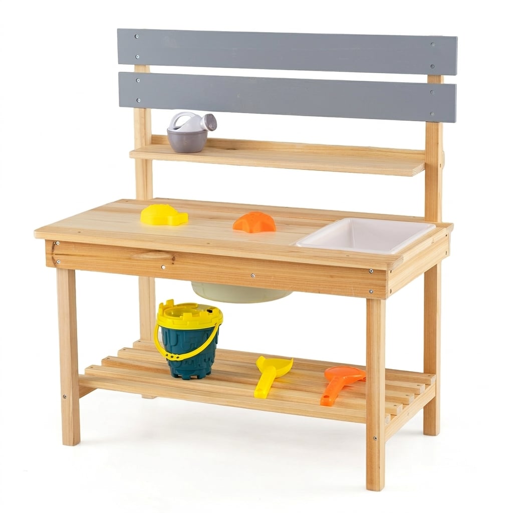 Outdoor Mud Kitchen with Extended Tabletop Sink Faucet and Storage Shelves for Kids-Natural