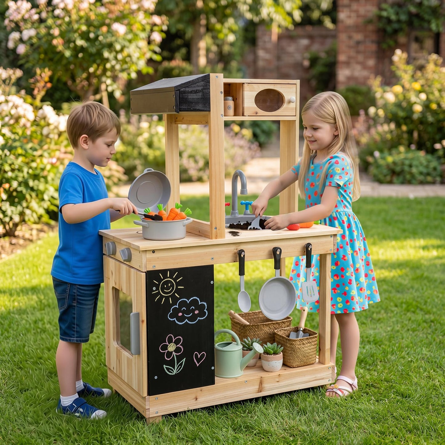 Outdoor Mud Kitchen with Stoves and Sink and Chalkboard for 3+ Kids-Natural