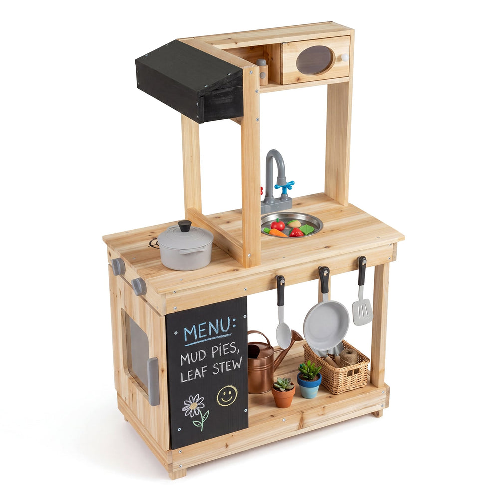 Outdoor Mud Kitchen with Stoves and Sink and Chalkboard for 3+ Kids-Natural