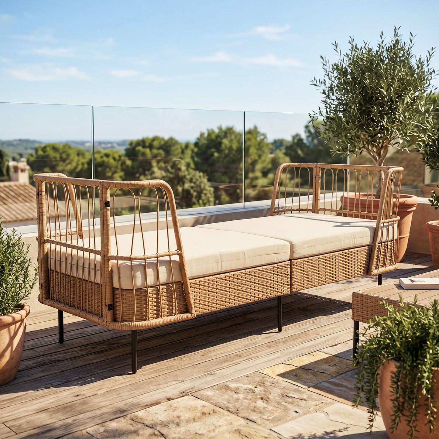 Outdoor PE Wicker Daybed with Soft Padded Sponge and Zippered Cushions-Beige