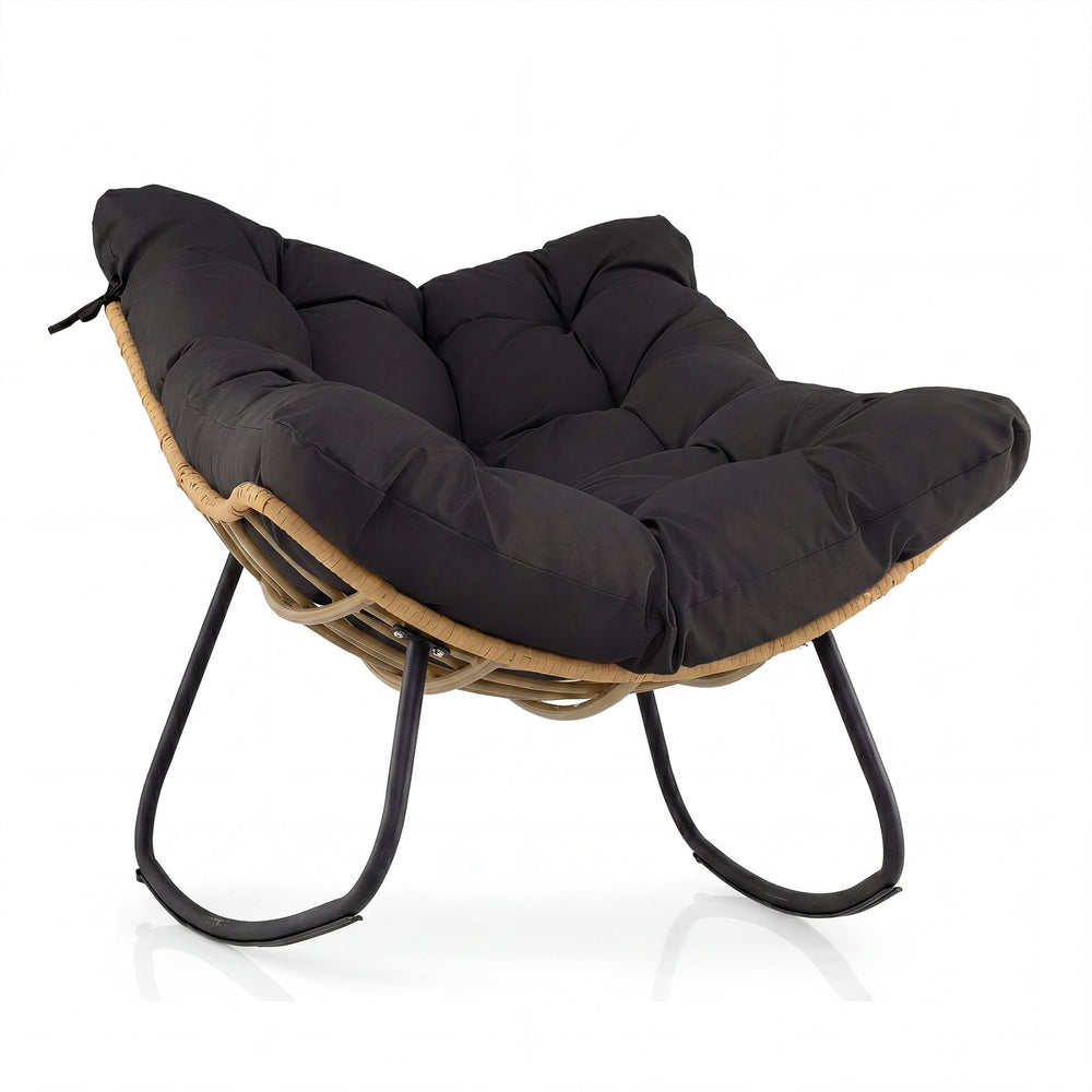 Outdoor Papasan Rocking Chair Oversized PE Wicker Patio Egg Chair with Thick Cushion-Black