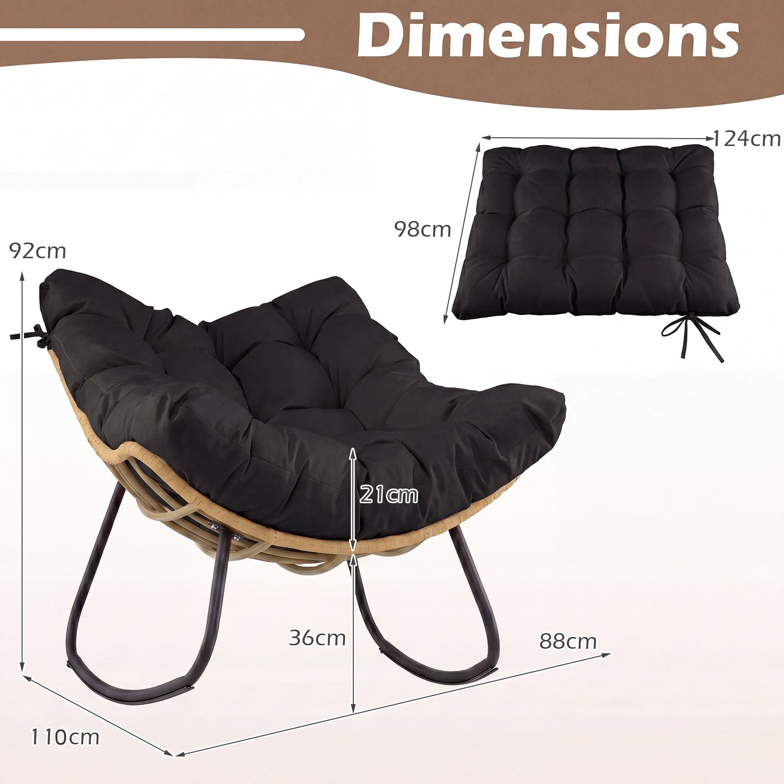 Outdoor Papasan Rocking Chair Oversized PE Wicker Patio Egg Chair with Thick Cushion-Black