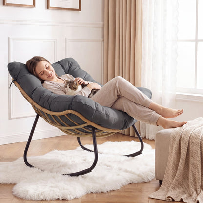 Outdoor Papasan Rocking Chair Oversized PE Wicker Patio Egg Chair with Thick Cushion-Grey