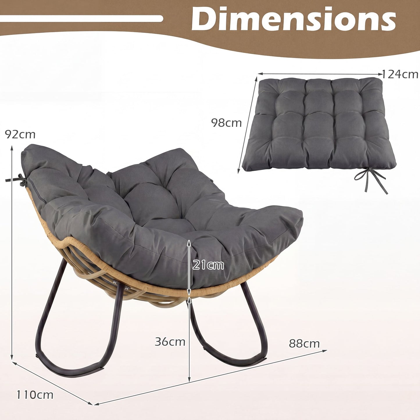 Outdoor Papasan Rocking Chair Oversized PE Wicker Patio Egg Chair with Thick Cushion-Grey