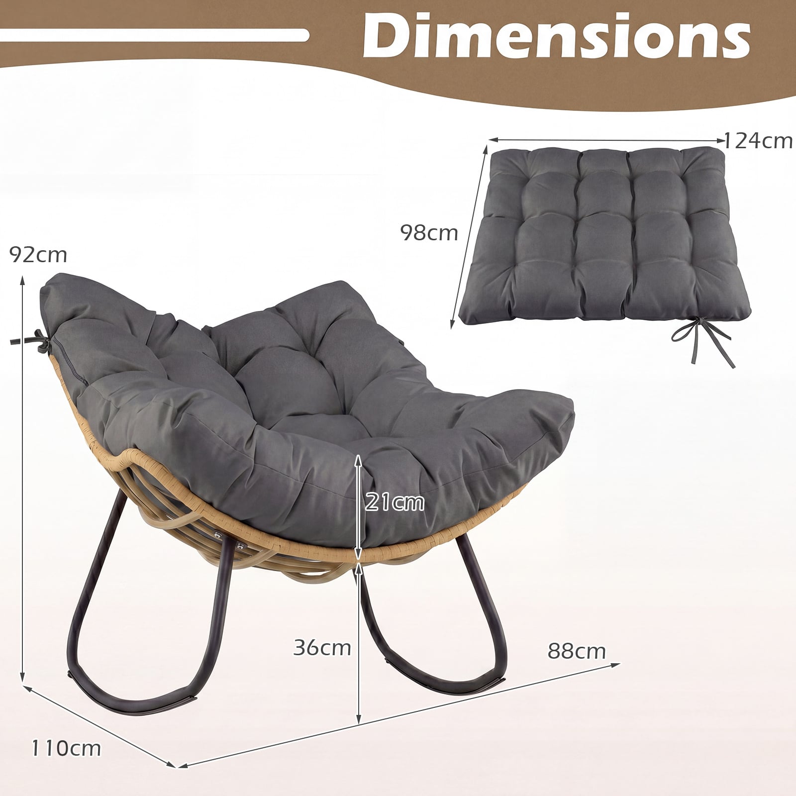 Outdoor Papasan Rocking Chair Oversized PE Wicker Patio Egg Chair with Thick Cushion-Grey