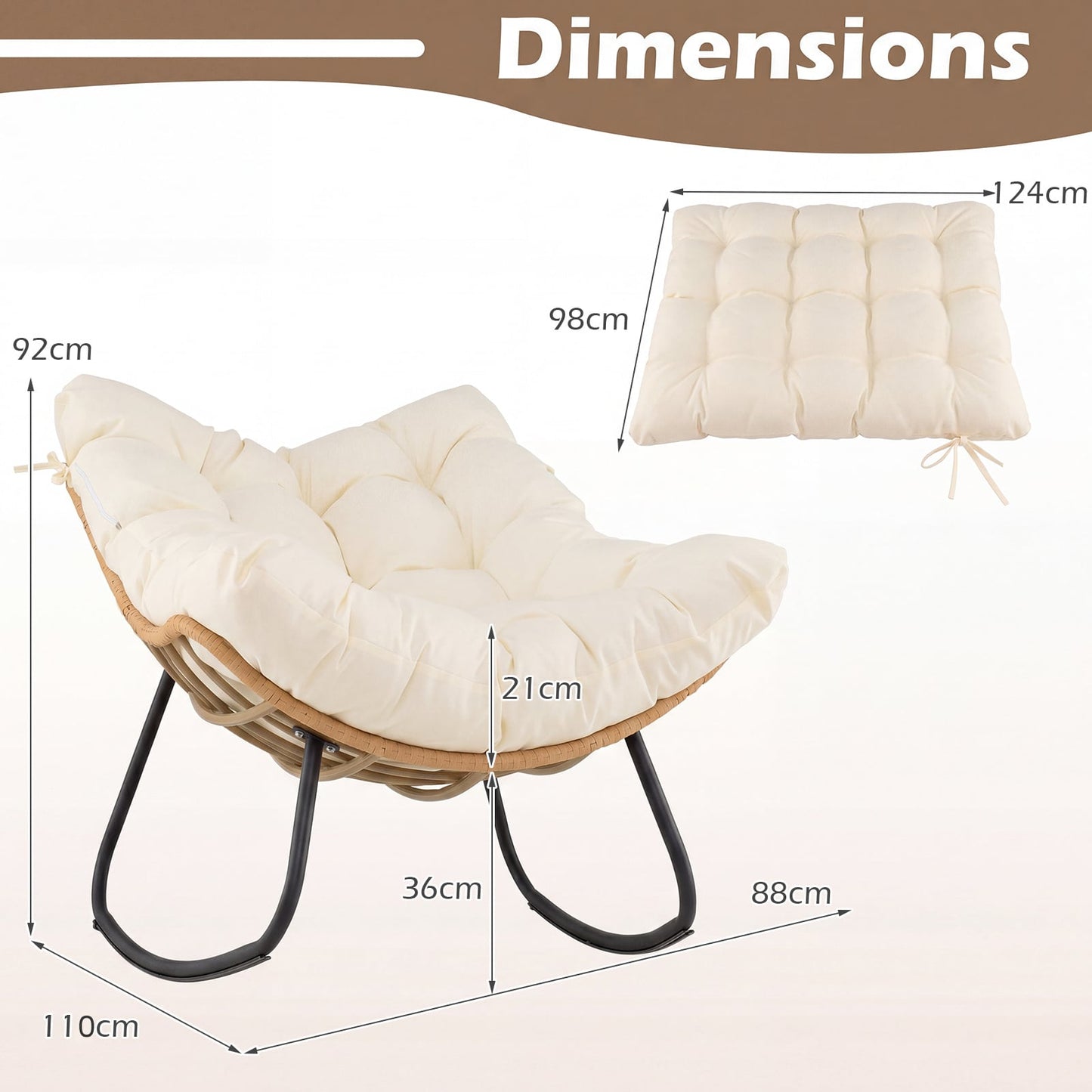 Outdoor Papasan Rocking Chair Oversized PE Wicker Patio Egg Chair with Thick Cushion-White
