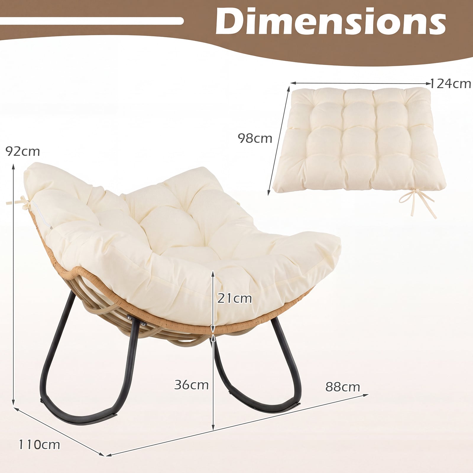 Outdoor Papasan Rocking Chair Oversized PE Wicker Patio Egg Chair with Thick Cushion-White