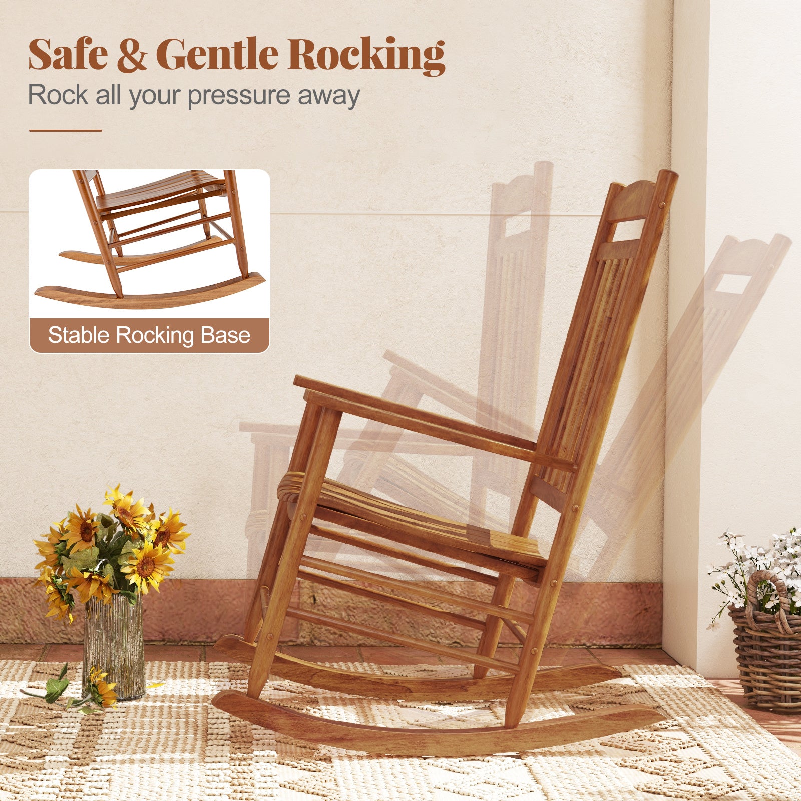 Outdoor Poplar Wood Rocking Chair Set of 2 for Garden-Natural