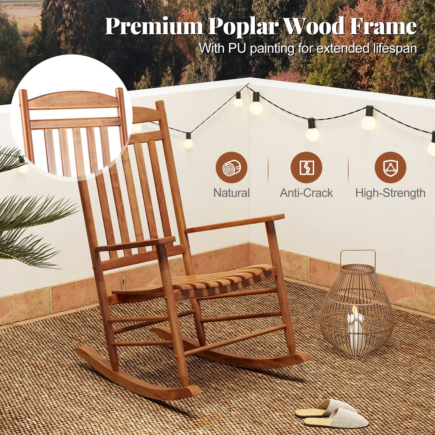 Outdoor Poplar Wood Rocking Chair Set of 2 for Garden-Natural