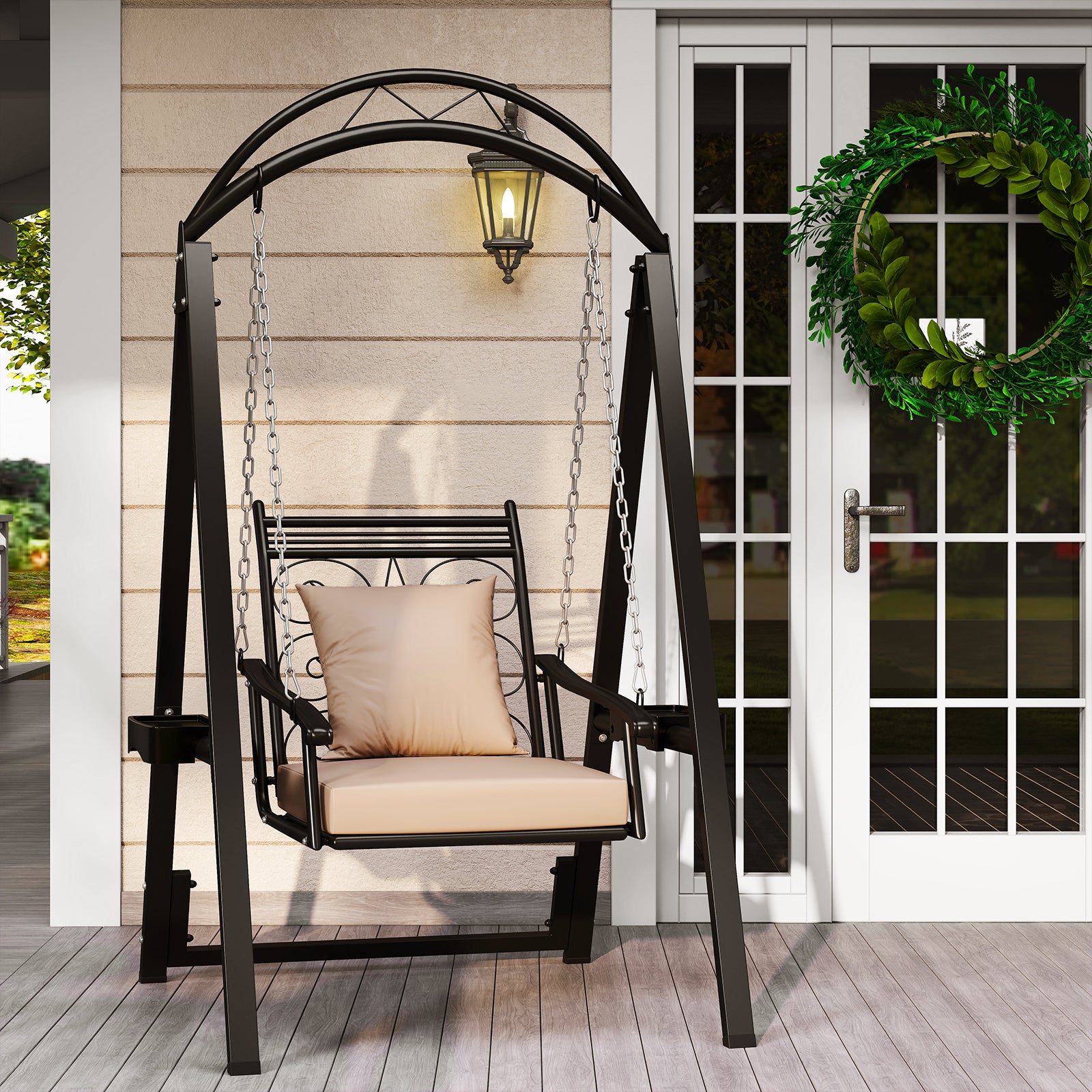 Outdoor Porch Swing with Removable Cushions and Side Tables for Garden Backyard-Black