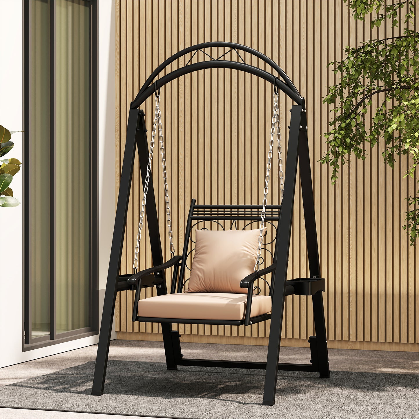 Outdoor Porch Swing with Removable Cushions and Side Tables for Garden Backyard-Black
