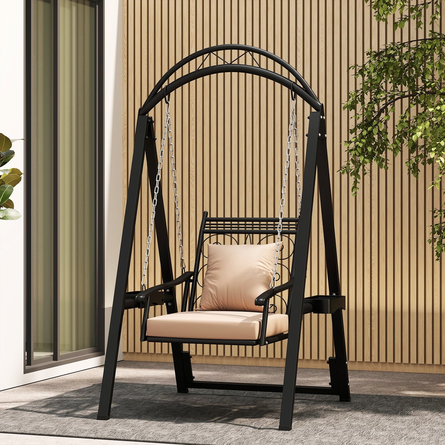 Outdoor Porch Swing with Removable Cushions and Side Tables for Garden Backyard-Black