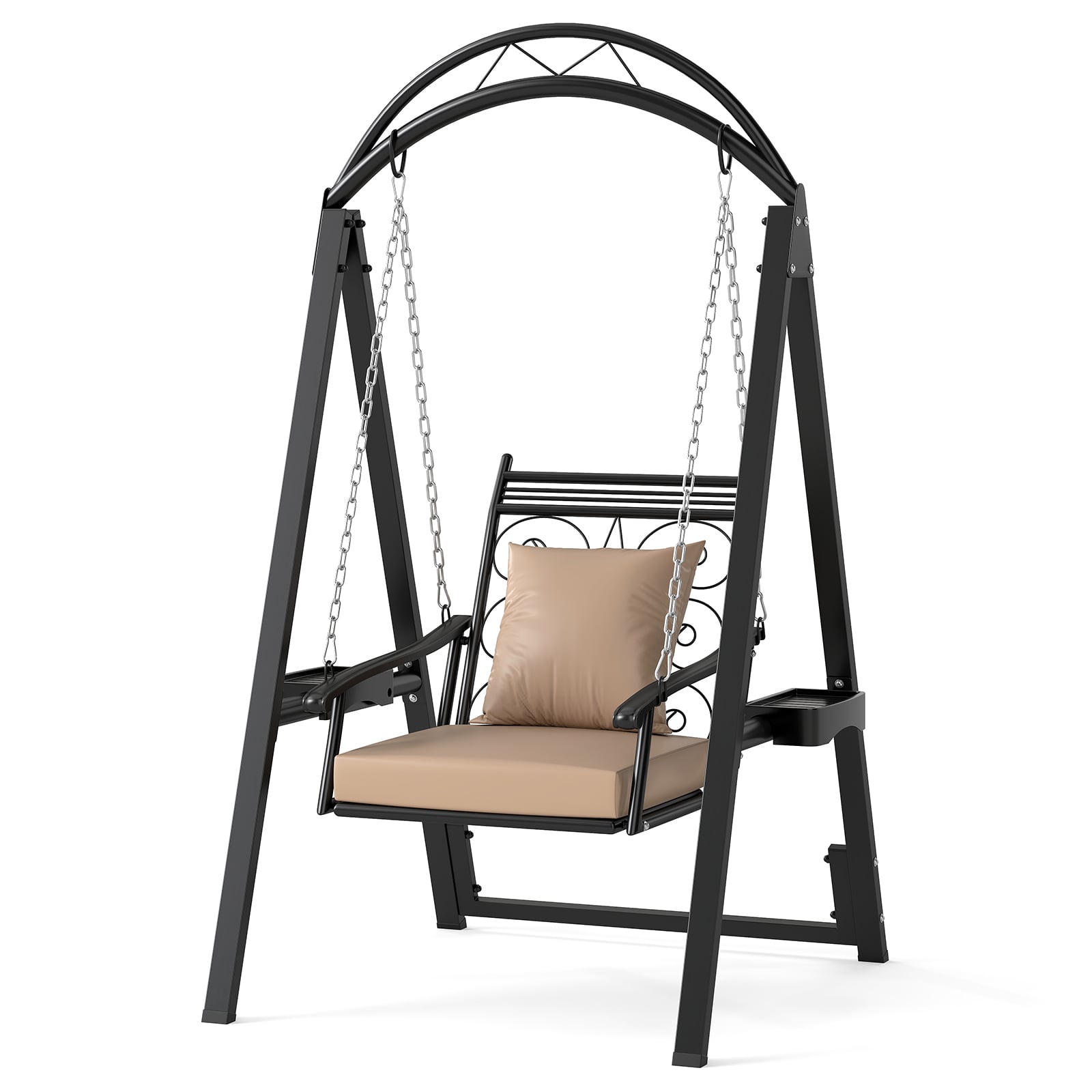 Outdoor Porch Swing with Removable Cushions and Side Tables for Garden Backyard-Black
